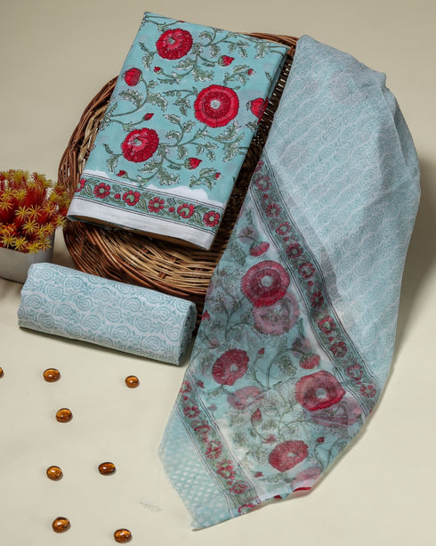 Elegant Hand Block Print Cotton Suit Set with Chiffon Dupatta (PCHF02)